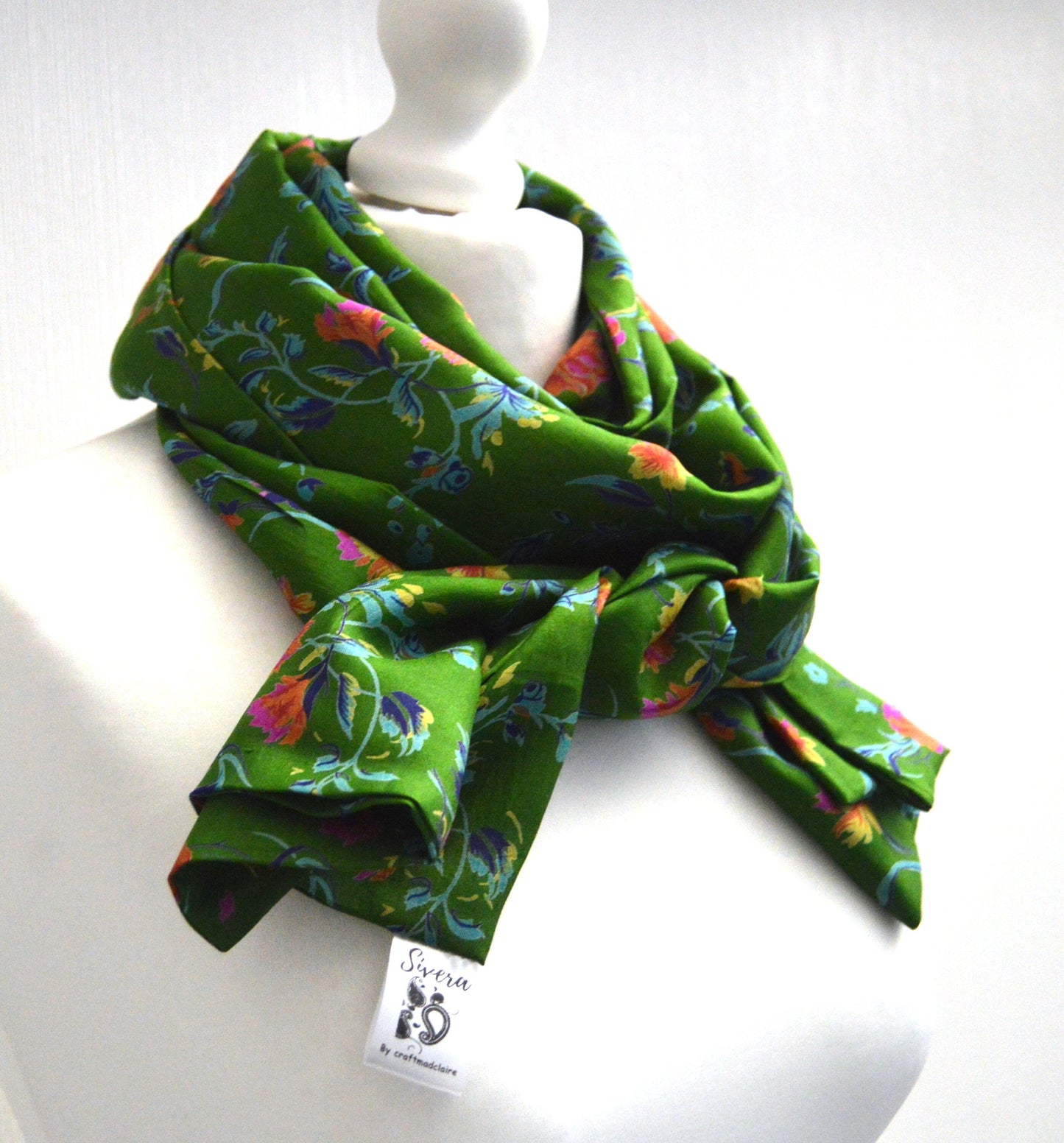 Emerald Green Floral Sari Silk Scarf