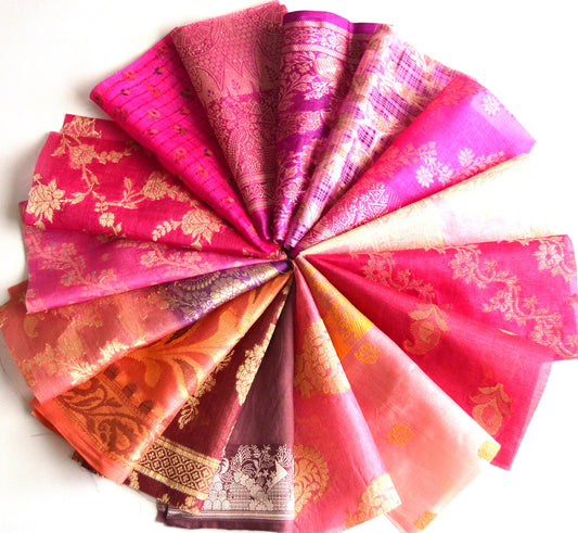 10 Inch x 16 Pieces Pink Recycled Vintage Silk Sari Scraps Brocade Fabric Card Making Collage Mixed Media Textile Art Junk Journals