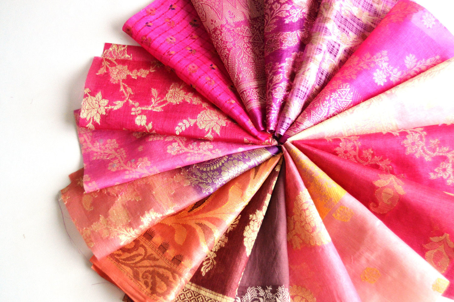 10 Inch x 16 Pieces Pink Recycled Vintage Silk Sari Scraps Brocade Fabric Card Making Collage Mixed Media Textile Art Junk Journals