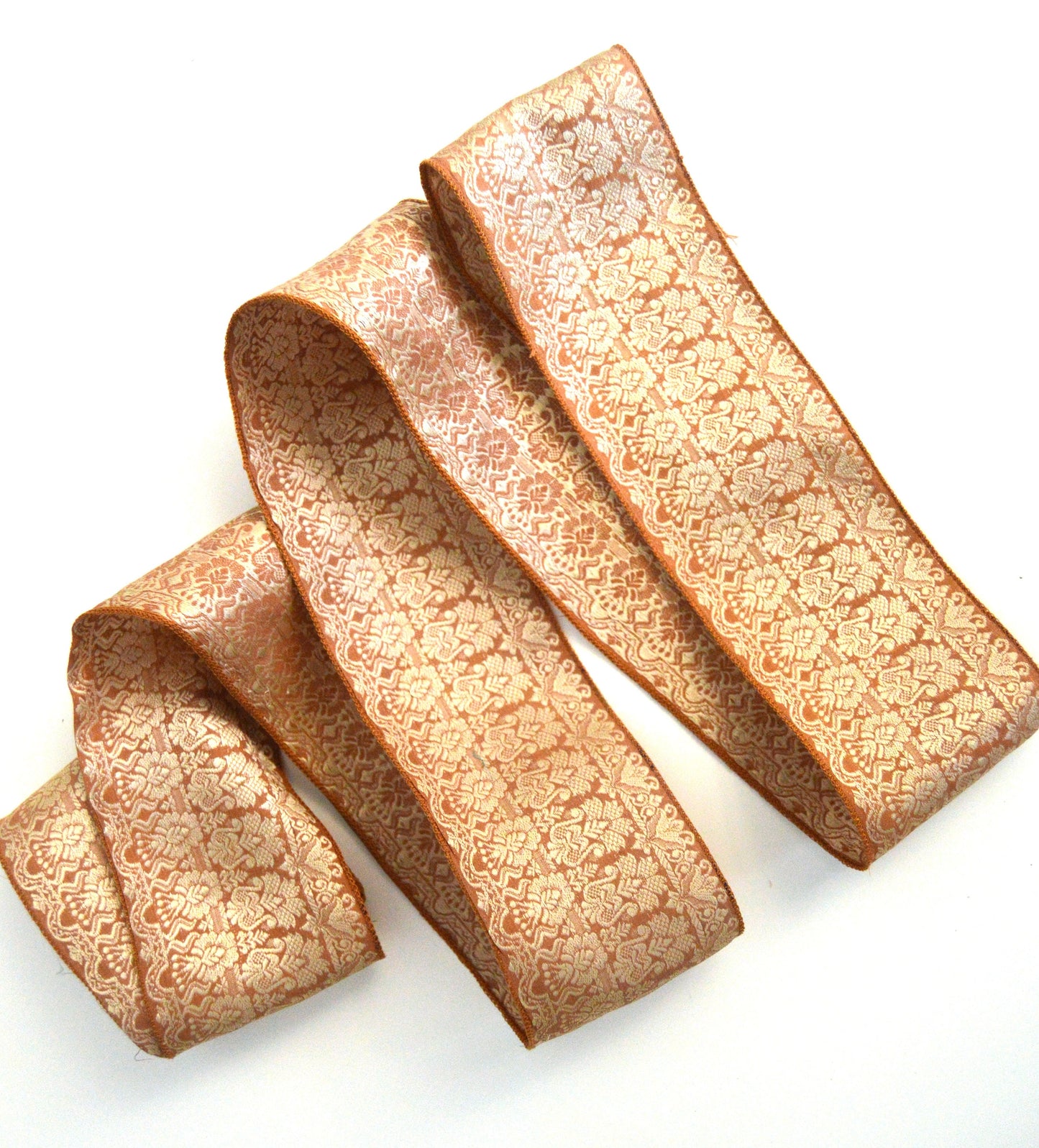 Caramel Cream Brocade Silk Vintage Recycled Upcycled Sari Silk Ribbon Border