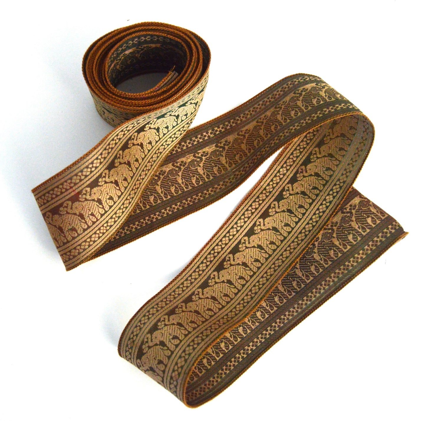 Brown Caramel Elephant Brocade Silk Vintage Recycled Upcycled Sari Silk Ribbon Border