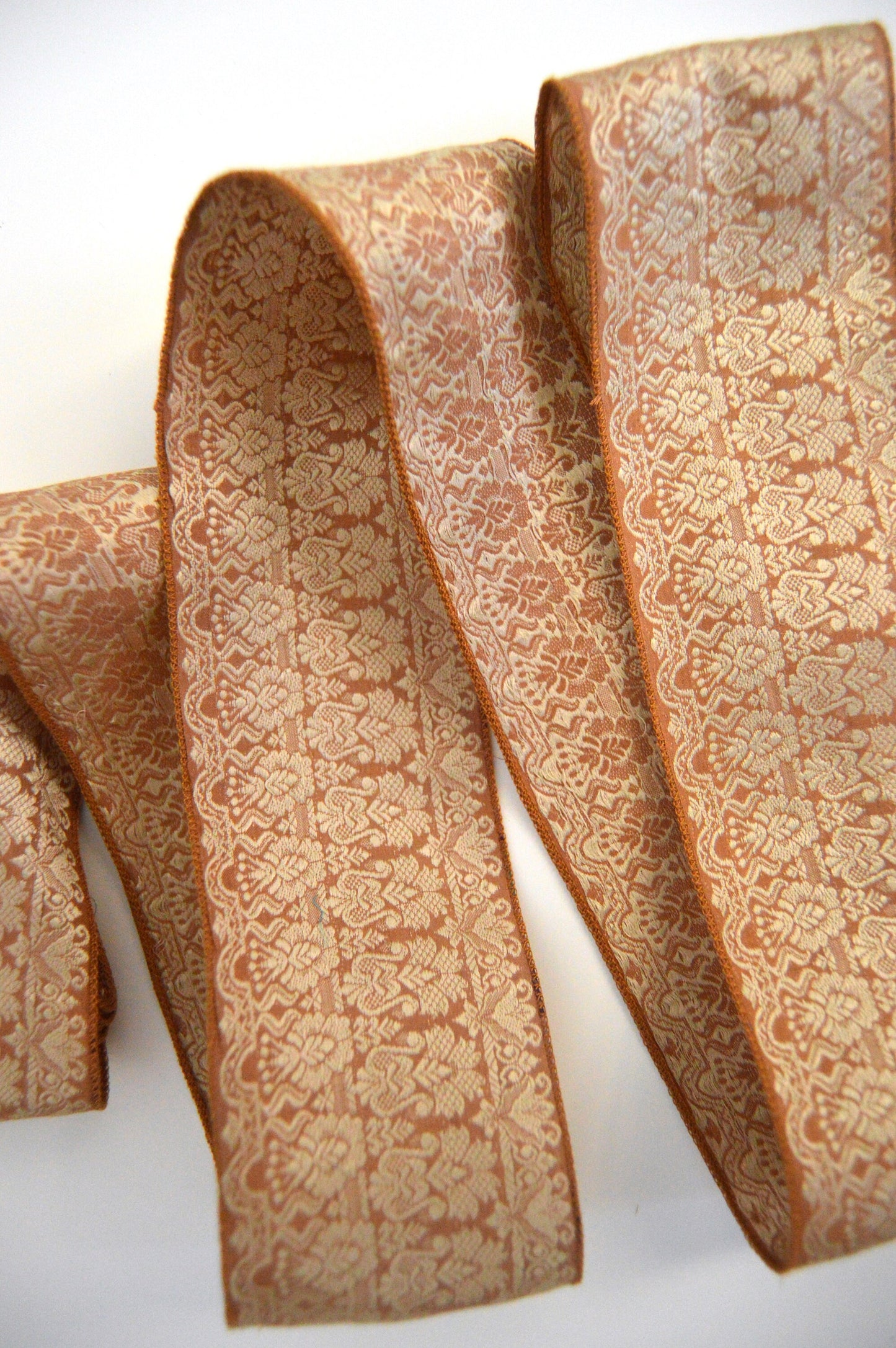 Caramel Cream Brocade Silk Vintage Recycled Upcycled Sari Silk Ribbon Border
