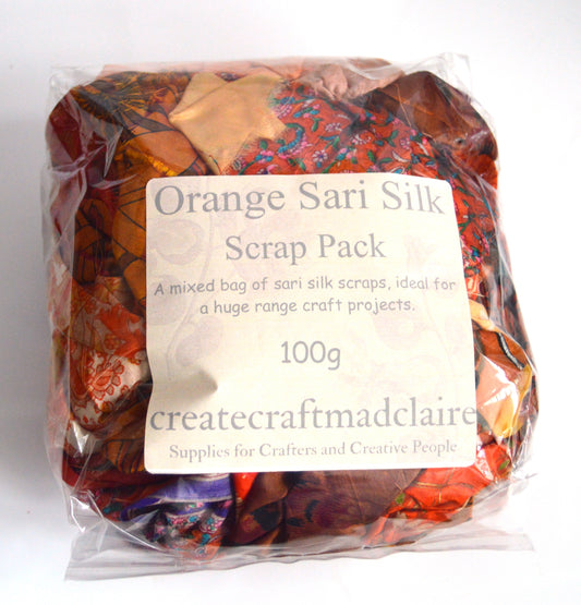 Orange Beige Sari Silk Scraps Textile Grab Bag
