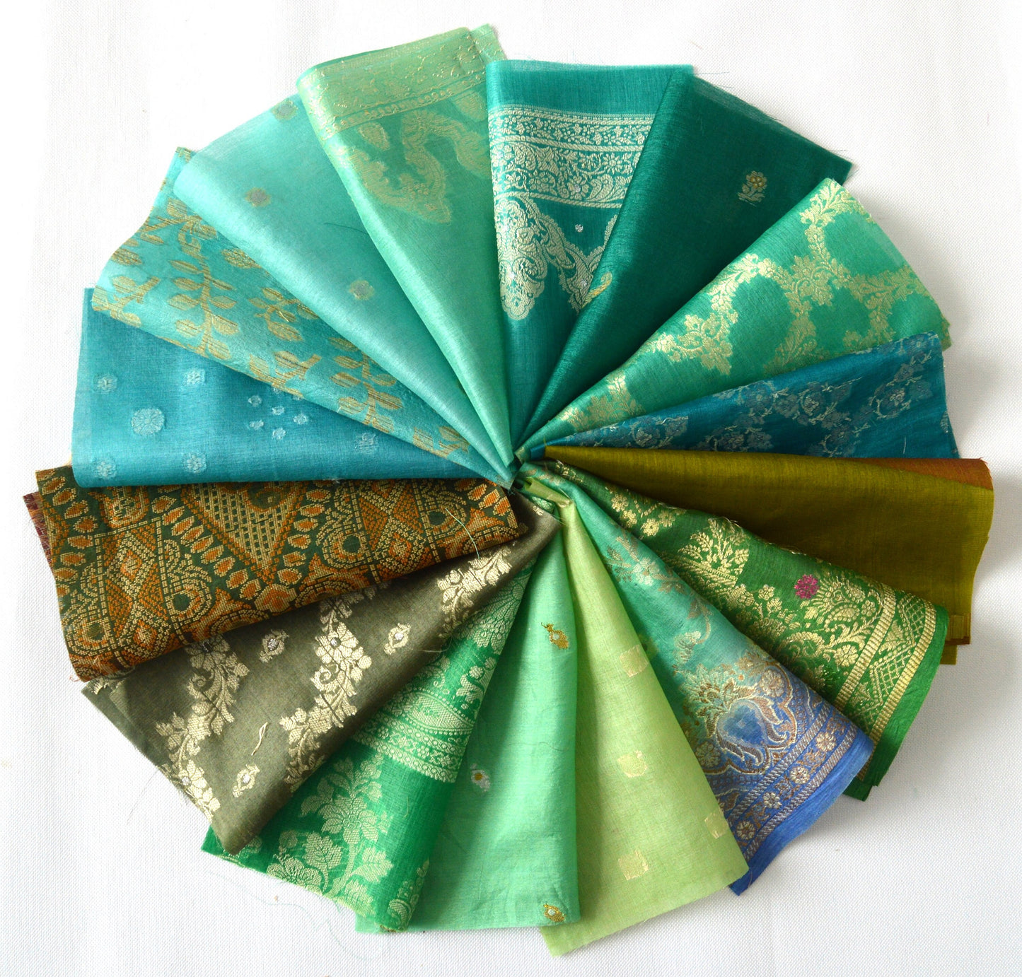 8 Inch x 16 Pieces Green Recycled Vintage Sari Squares Craft Fabric Card Making Collage Mixed Media Textile Art Sewing Junk Journal