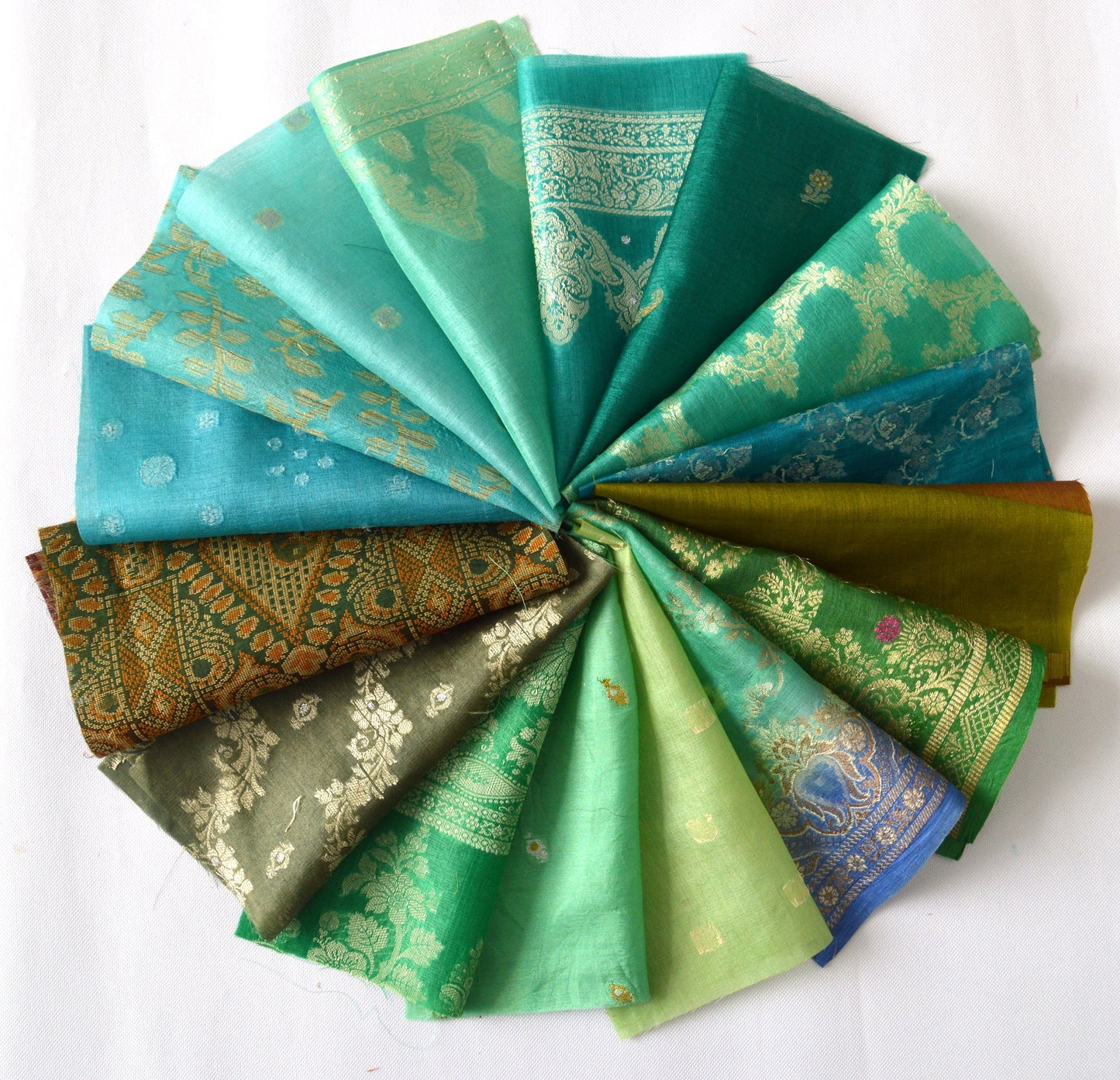 8 Inch x 16 Pieces Green Recycled Vintage Sari Squares Craft Fabric Card Making Collage Mixed Media Textile Art Sewing Junk Journal
