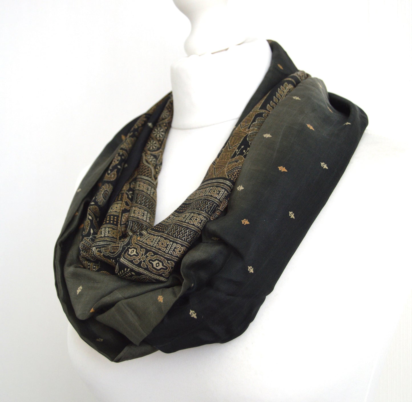 Grey Black Sari Silk Scarf - Sophisticated Bohemian Miss You Gift - Eco Friendly Upcycled Unisex Womens Scarf - Handmade Lightweight Scarf