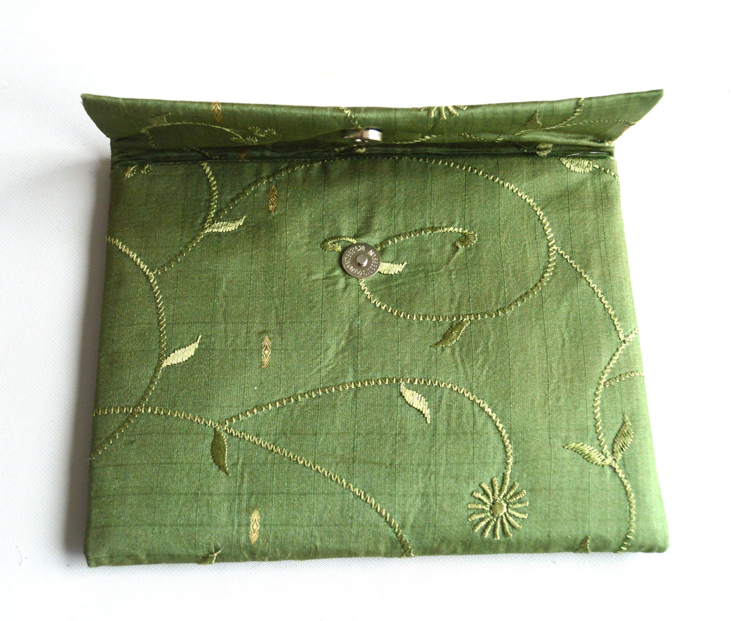 Sage Green Embroidered Floral Sari Silk Envelope Clutch Purse - Handmade Sophisticated Recycled Evening Wedding Bridesmaids Purse