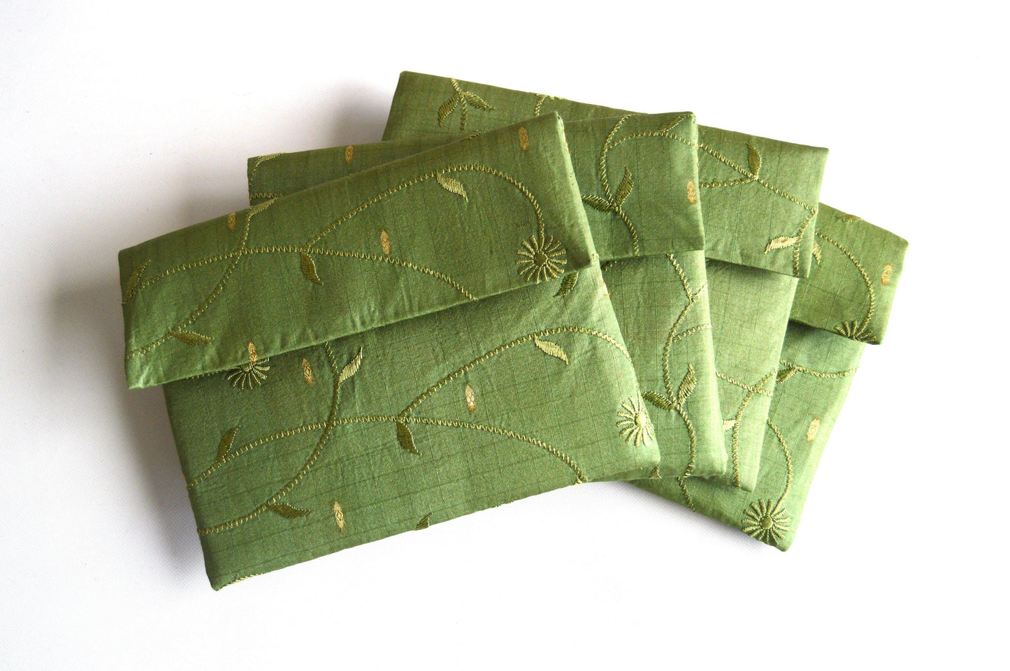 Sage Green Embroidered Floral Sari Silk Envelope Clutch Purse - Handmade Sophisticated Recycled Evening Wedding Bridesmaids Purse