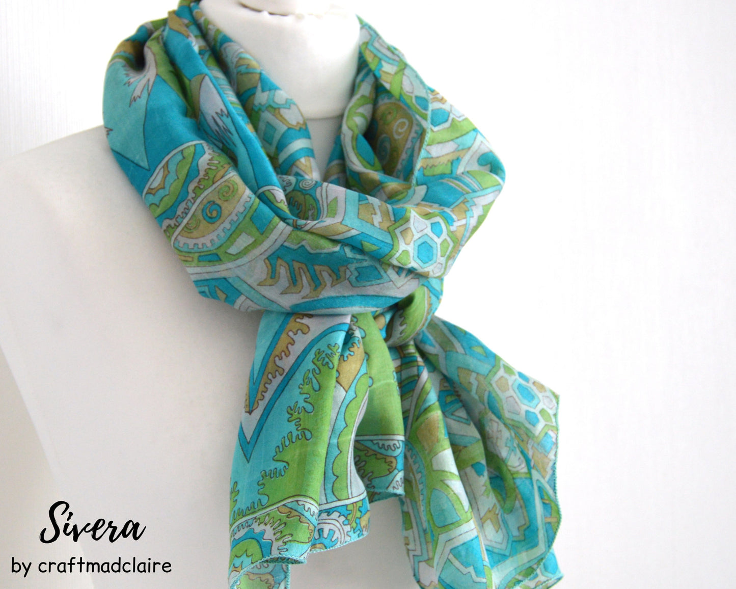 Turquoise Aqua Beige Upcycled Vintage Pure Silk Sari Scarf Eco Friendly Ethical Zero Waste Sophisticated Bohemian Womens Scarf