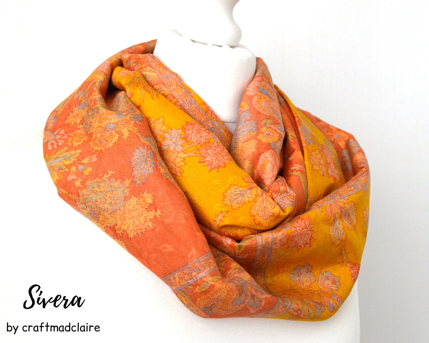 Orange Yellow Upcycled Vintage Sari Silk Scarf