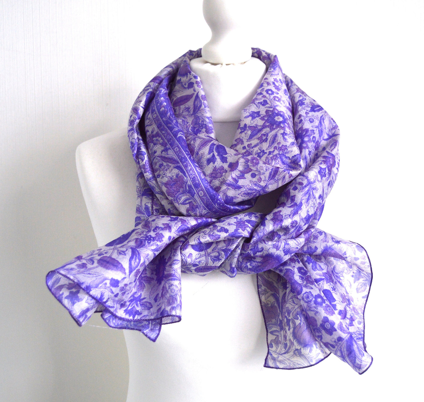Purple Floral Upcycled Vintage Sari Silk Scarf - Eco Friendly Boho Baby Shower Gift for Her - Ethical Zero Waste Womens Scarf