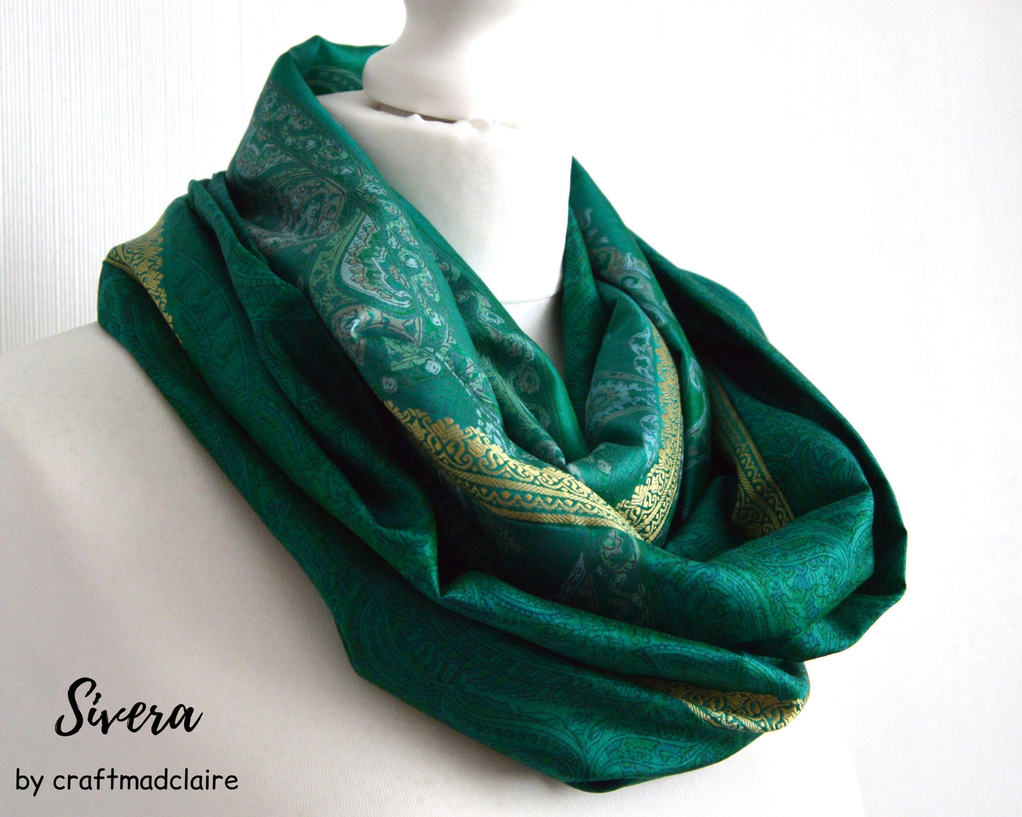 Teal Green Gold Upcycled Vintage Sari Silk Scarf
