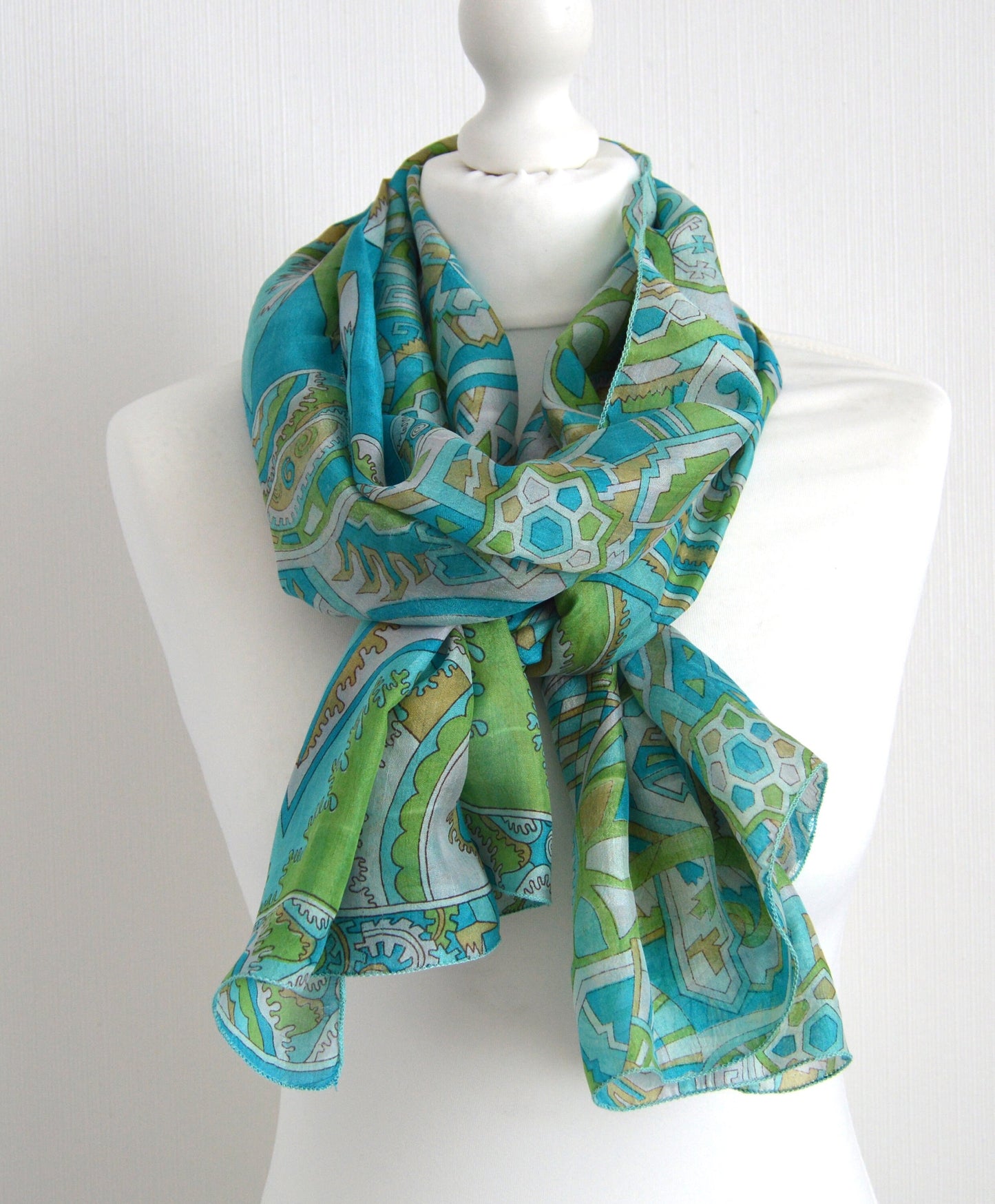 Turquoise Aqua Beige Upcycled Vintage Pure Silk Sari Scarf Eco Friendly Ethical Zero Waste Sophisticated Bohemian Womens Scarf