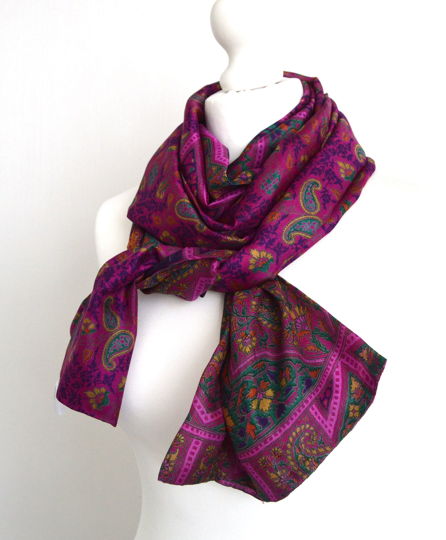 Bright Cerise Upcycled Sari Silk Infinity Scarf