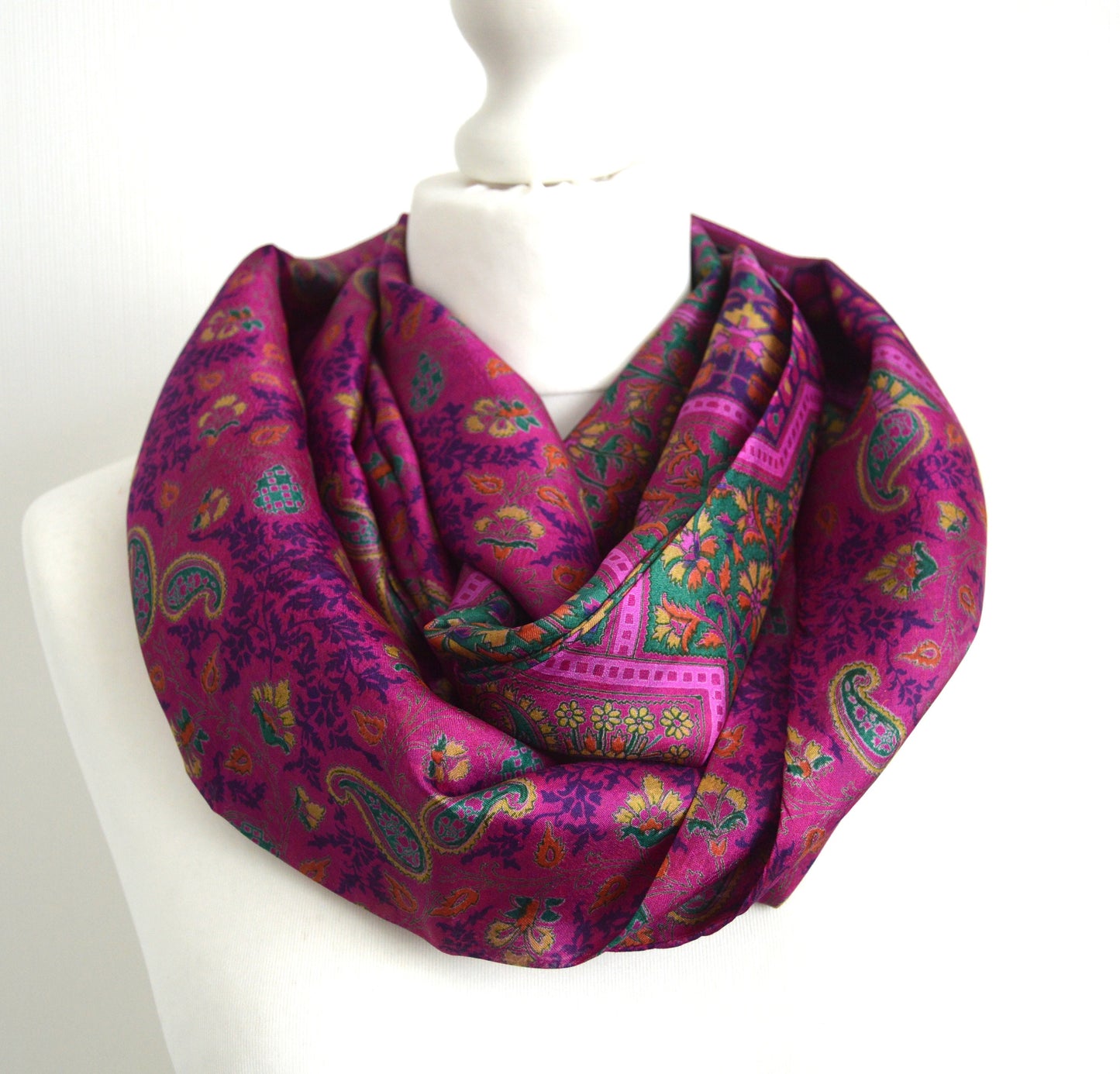 Bright Cerise Upcycled Sari Silk Infinity Scarf