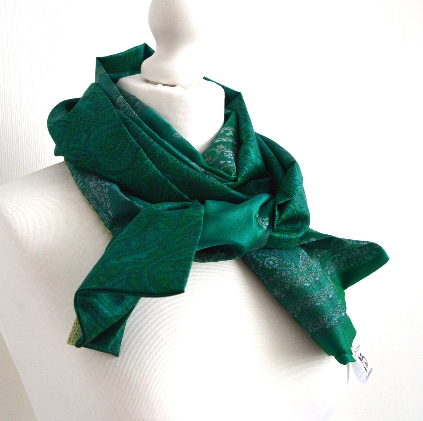 Teal Green Gold Upcycled Vintage Sari Silk Scarf