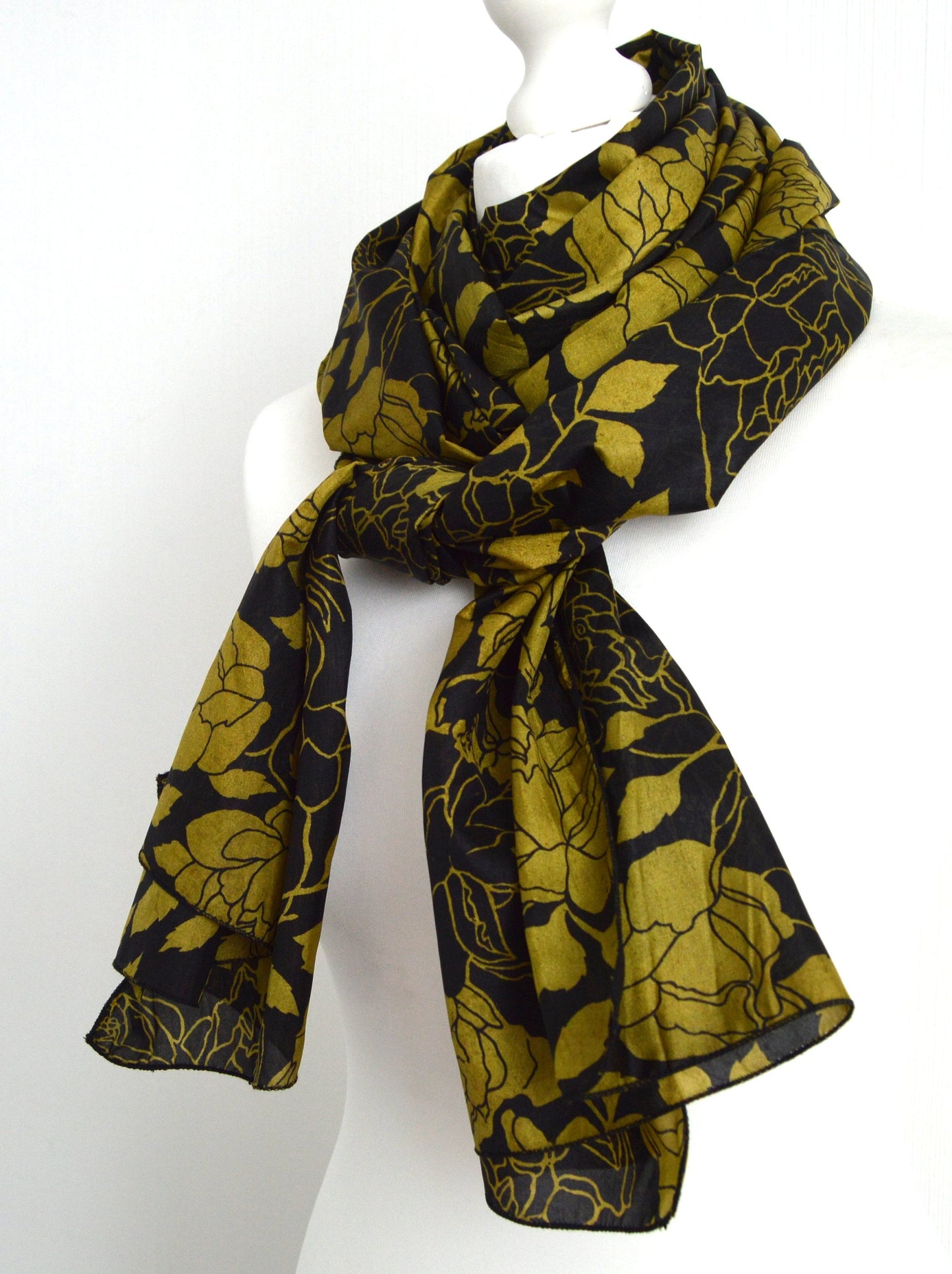Black Chartreuse Floral Upcycled Vintage Sari Faux Silk Scarf - Handmade Nursing Cover Baby Shower Gift - Ethical Zero Waste Fashion