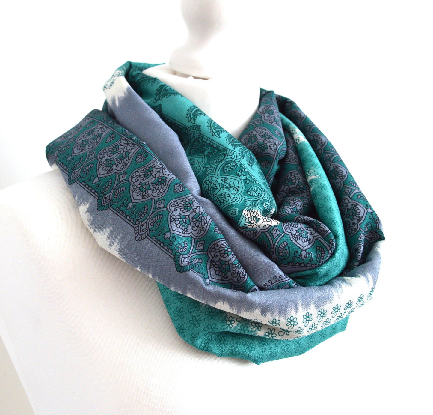 Turquoise Grey Floral Faux Silk Upcycled Sari Scarf