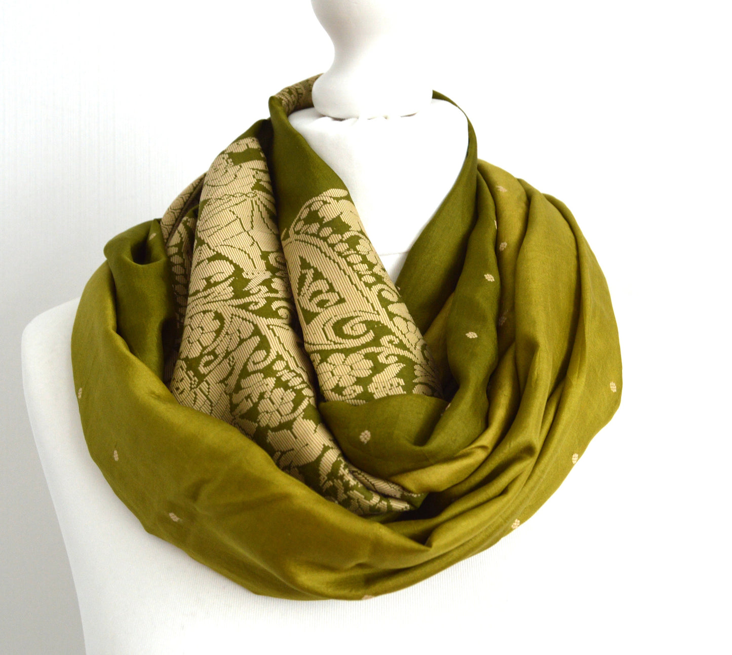 Beige Olive Silk Scarf - Eternity Scarf - Loop Scarf - Womens Scarf - Unisex Scarf - Gift for Her - Gift for Him - Green Silk Scarf - OOAK