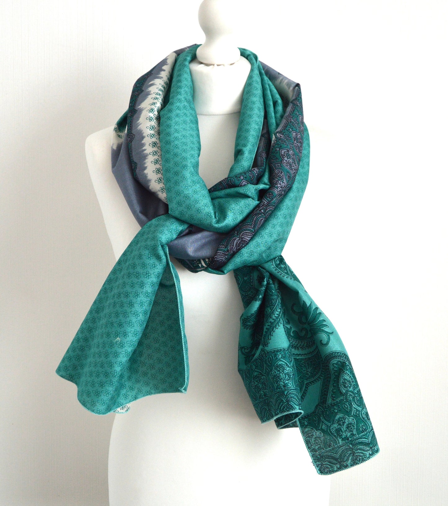 Turquoise Grey Floral Faux Silk Upcycled Sari Scarf