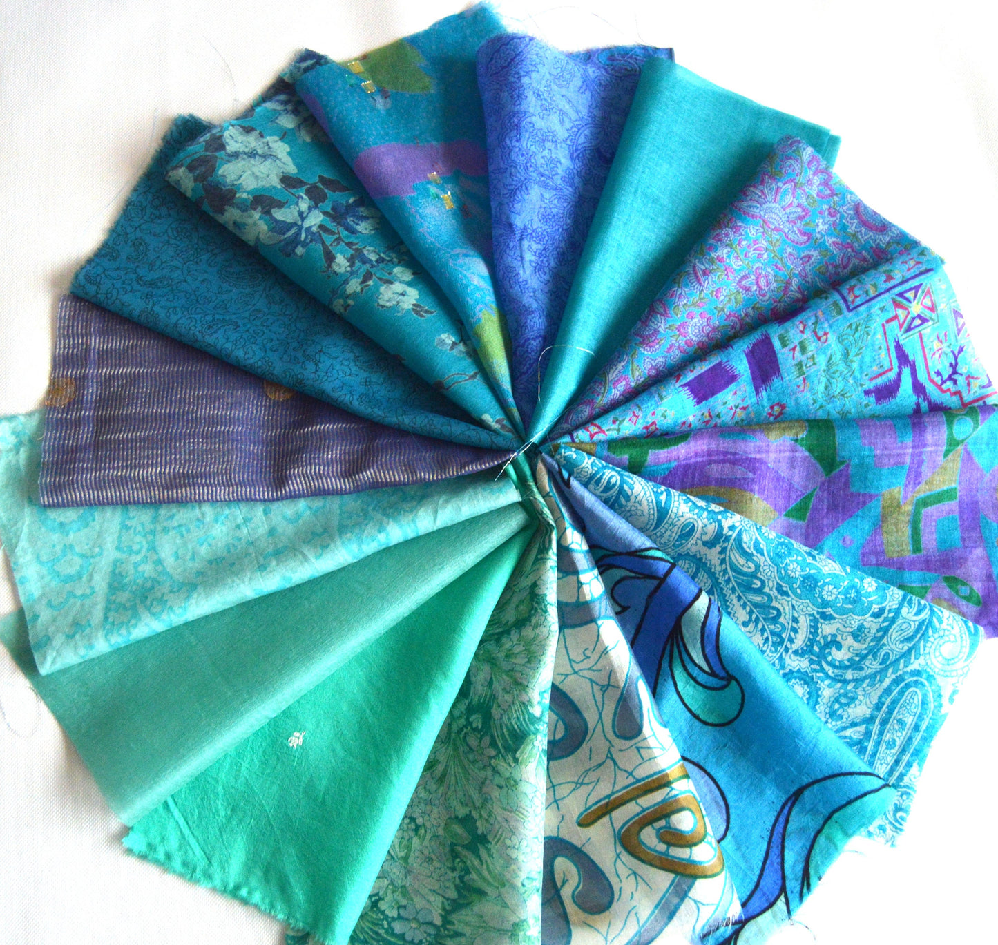 8 Inch x 16 Pieces Blue Upcycled Sari Silk Squares