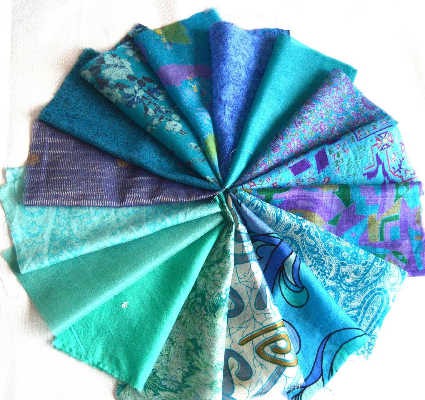 8 Inch x 16 Pieces Blue Upcycled Sari Silk Squares