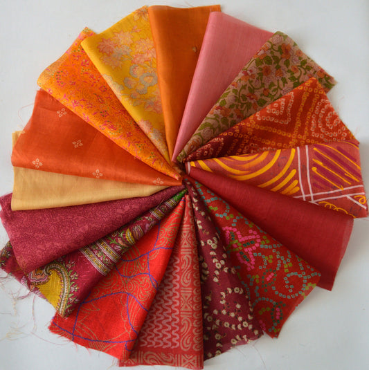 8 Inch x 16 Pieces Orange Red Recycled Vintage Sari Scraps Remnants Craft Fabric Card Making Collage Mixed Media Textile Art Junk Journals
