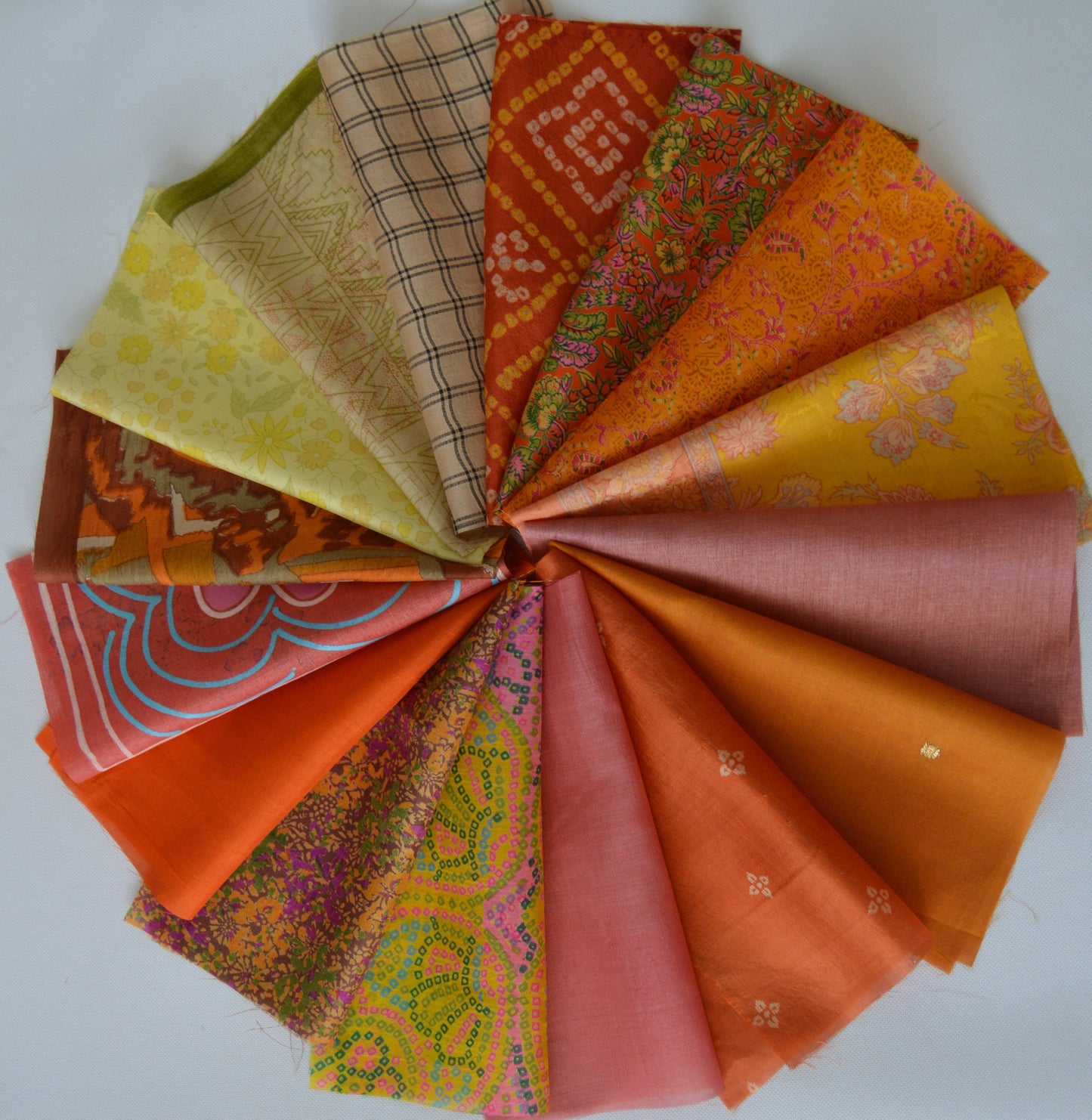 8 Inch x 16 Pieces Yellow Orange Upcycled Sari Silk Squares