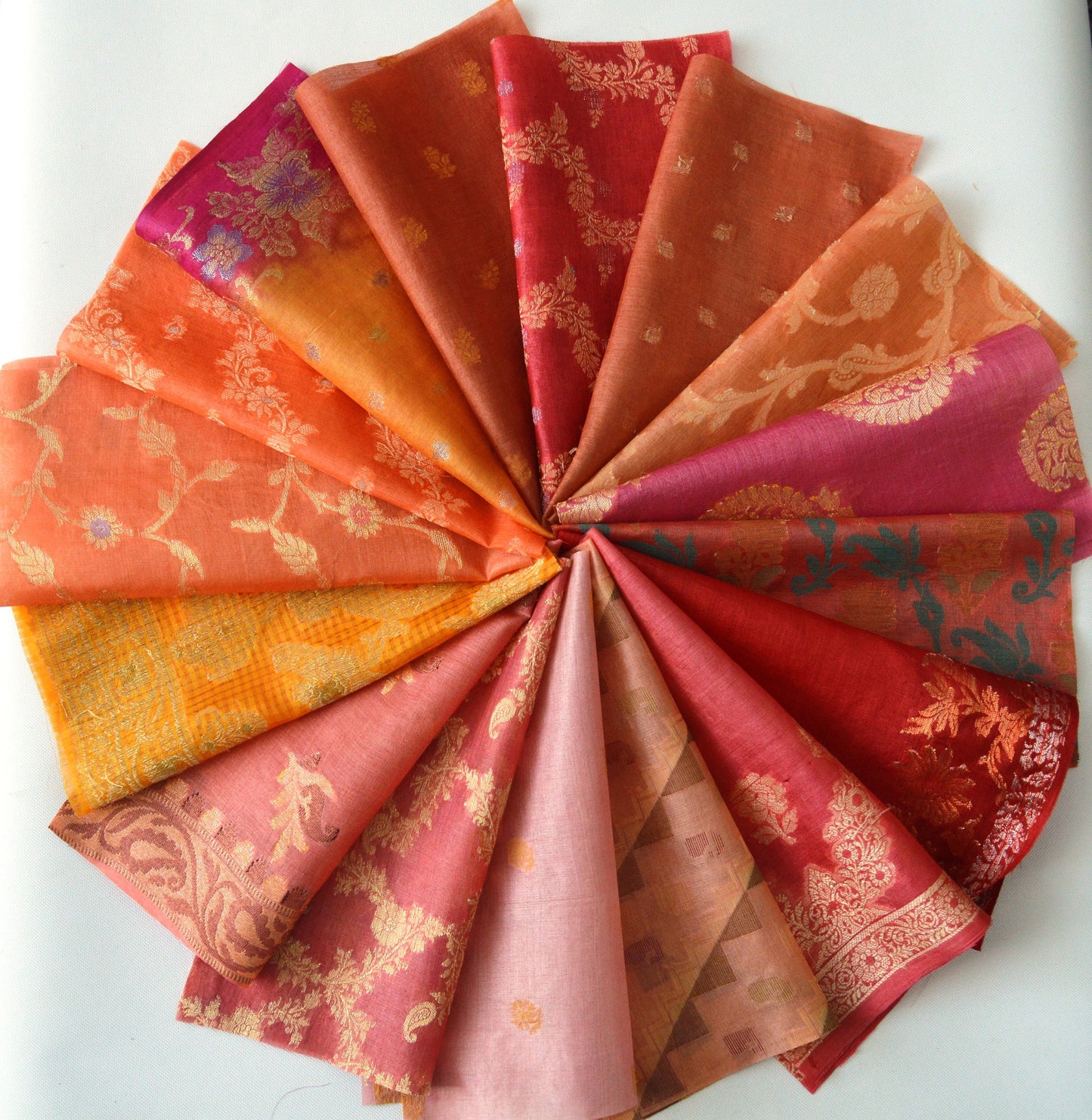 10 Inch x 16 Pieces Orange Shades Upcycled Sari Silk Squares