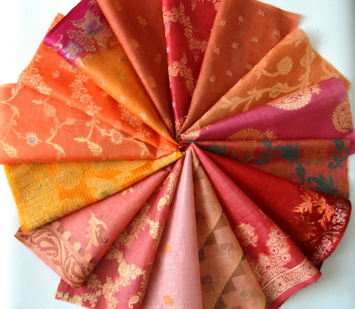 10 Inch x 16 Pieces Orange Shades Upcycled Sari Silk Squares