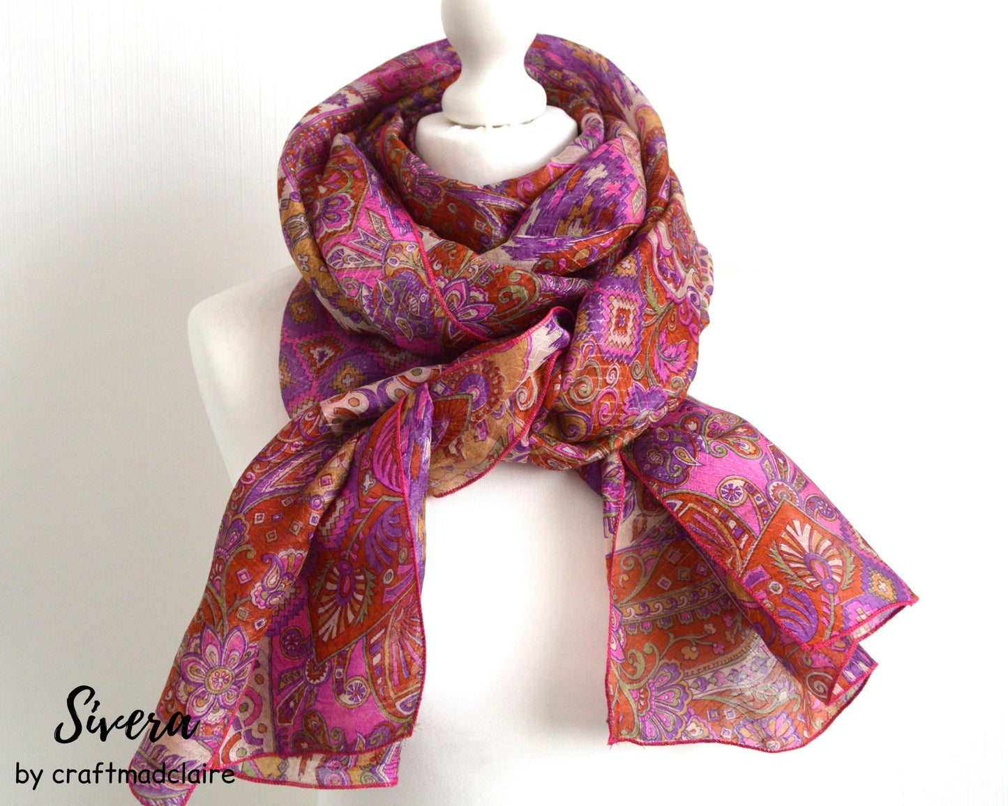 Cerise Abstract Upcycled Vintage Sari Silk Scarf