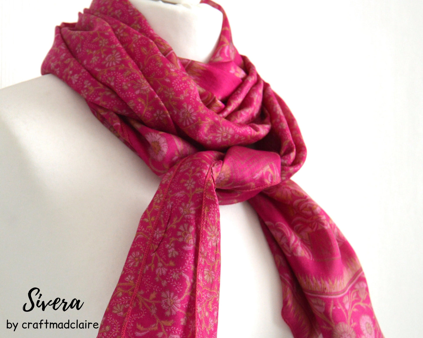 Cerise Floral Upcycled Vintage Sari Silk Scarf