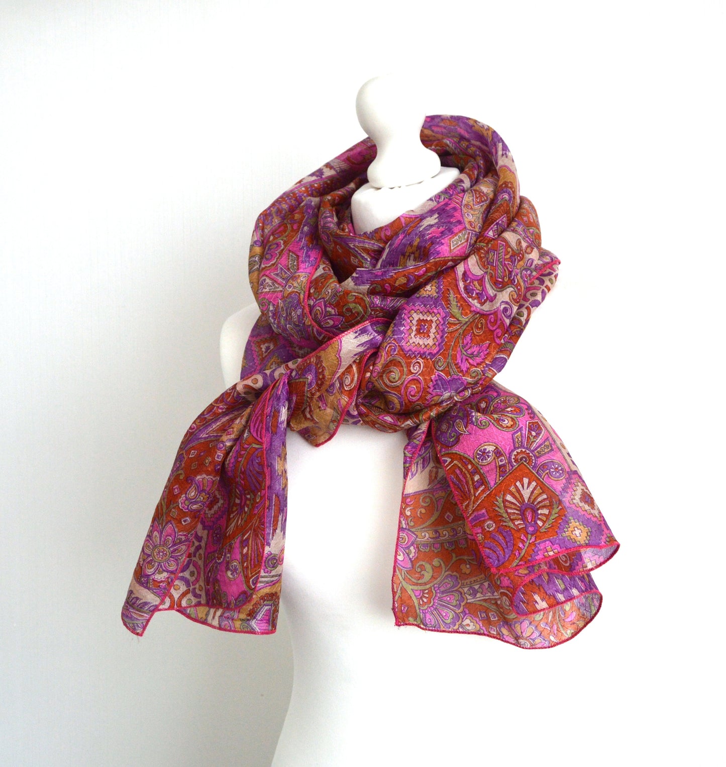 Cerise Abstract Upcycled Vintage Sari Silk Scarf