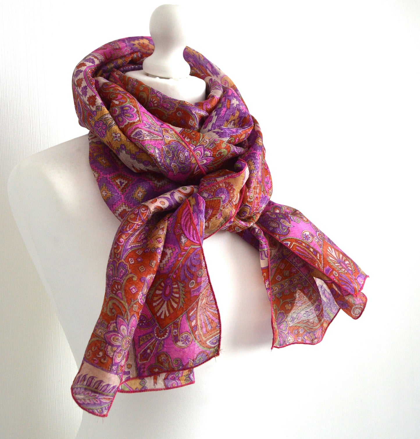 Cerise Abstract Upcycled Vintage Sari Silk Scarf