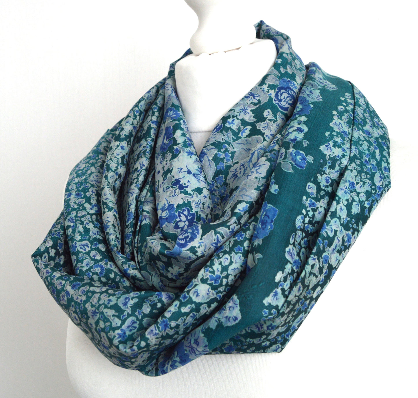 Teal Green Blue Floral Upcycled Vintage Sari Silk Scarf - Eco Friendly Bohemian Spring Summer Womens Scarf - Teacher Mum Mom Sister Gift