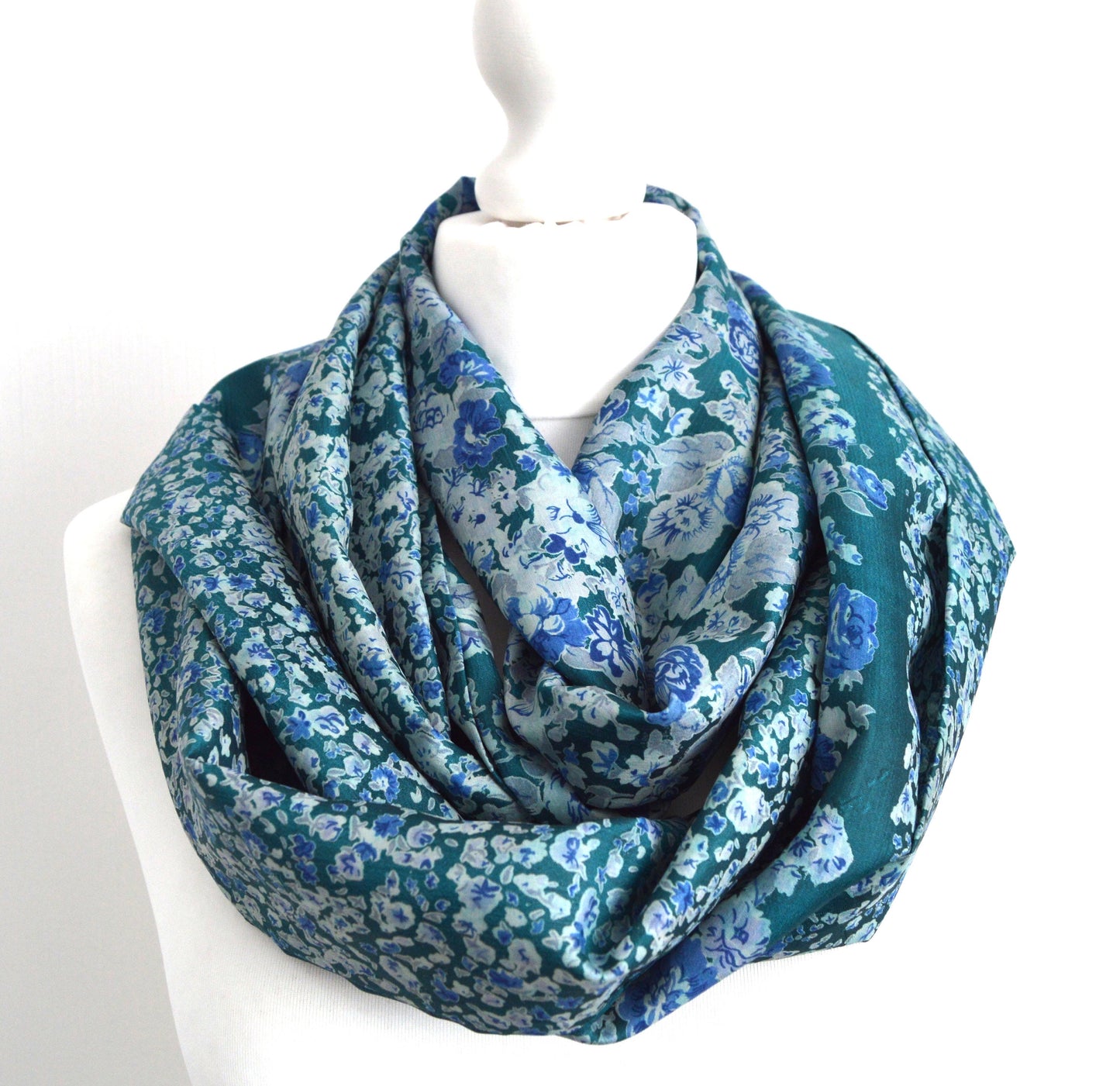 Teal Green Blue Floral Upcycled Vintage Sari Silk Scarf - Eco Friendly Bohemian Spring Summer Womens Scarf - Teacher Mum Mom Sister Gift