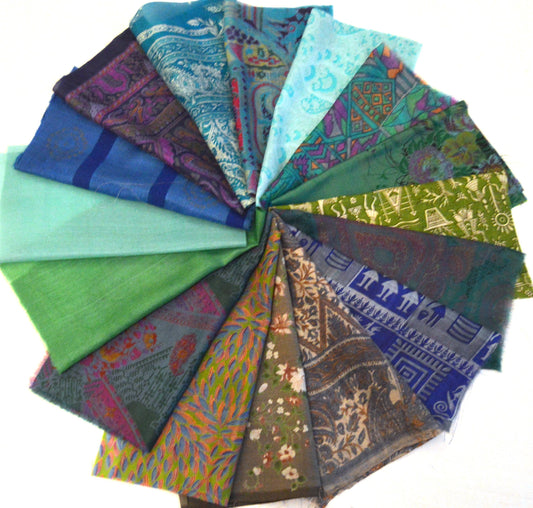 10 Inch x 16 Pieces Blue Turquoise Green Upcycled Sari Silk Squares