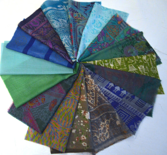 10 Inch x 16 Pieces Blue Turquoise Green Upcycled Sari Silk Squares