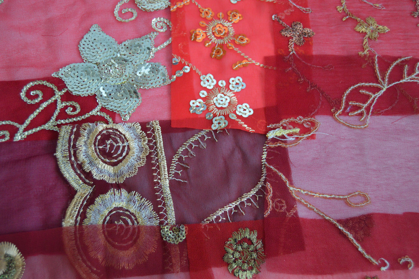 Red Assorted Embellished Sari Fabric Remnants Scraps - 10 Pieces