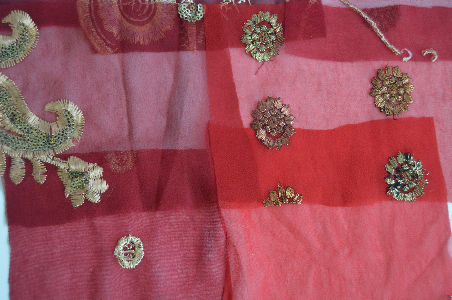 Red Assorted Embellished Sari Fabric Remnants Scraps - 10 Pieces