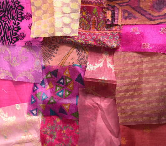 Pink Silk Fabric Remnants Assorted Sari Scraps