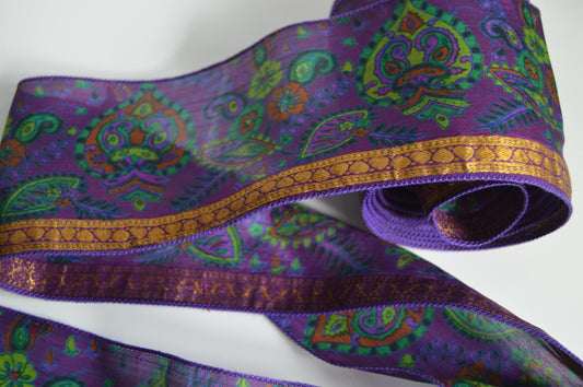 Purple Green & Gold Pure Silk Vintage Recycled Upcycled Sari Silk Ribbon