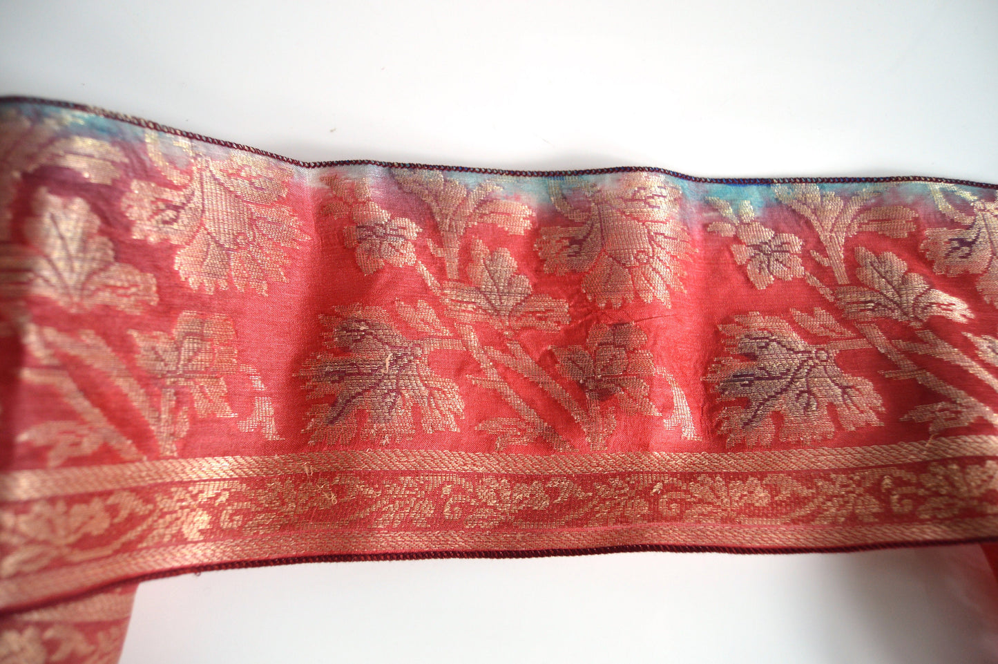 Red Gold & Blue Floral Pure Silk Vintage Recycled Upcycled Sari Silk Ribbon