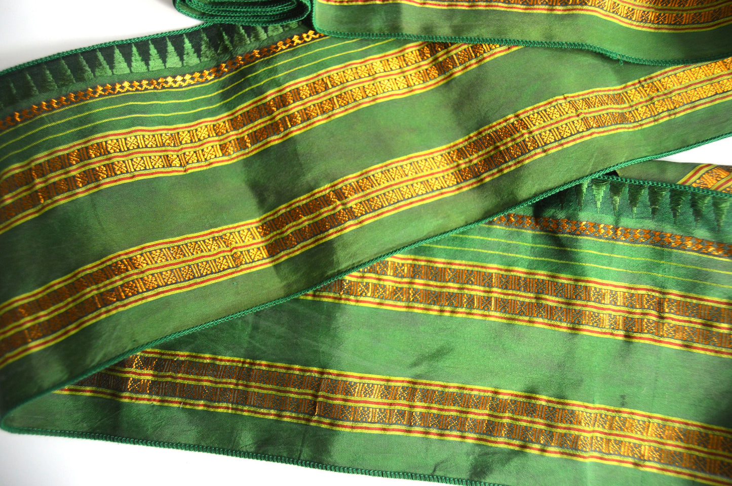 Green & Gold Pure Silk Vintage Recycled Upcycled Sari Silk Ribbon
