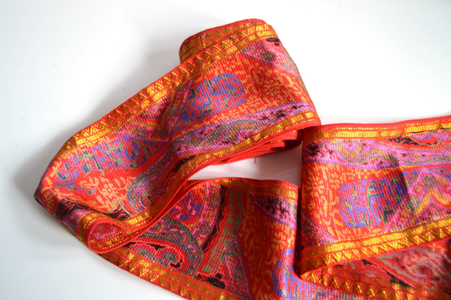 Bright Abstract Red & Gold Faux Silk Vintage Recycled Upcycled Sari Silk Ribbon