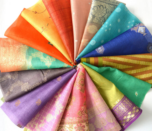 10 Inch x 16 Pieces Mixed Colour Upcycled Sari Silk Squares