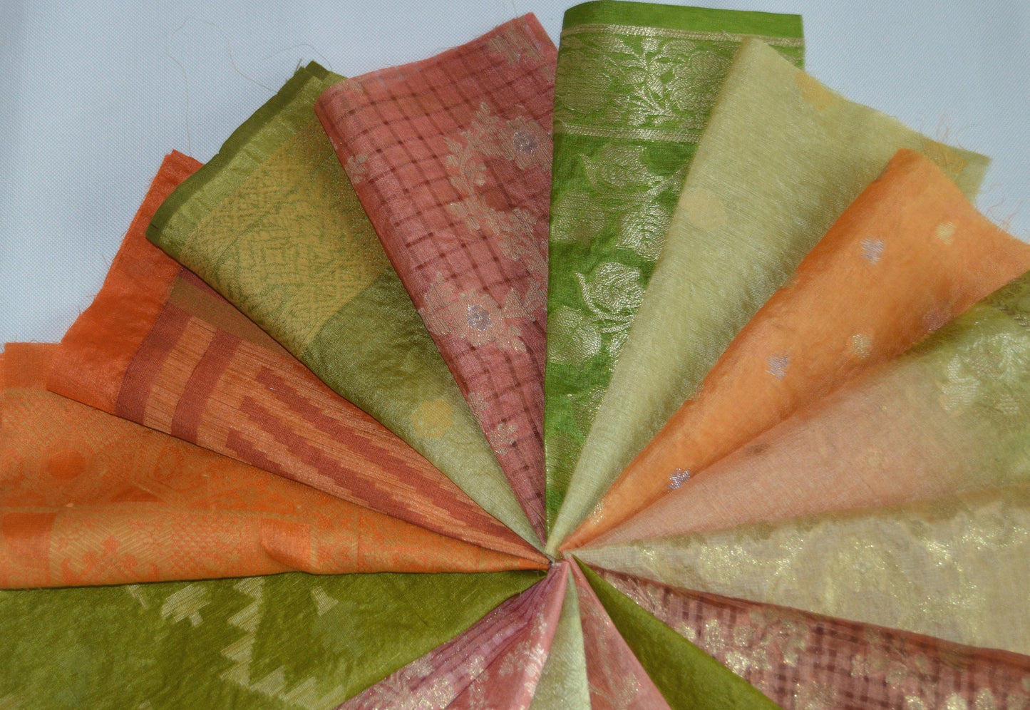 10 Inch x 16 Pieces Orange Green Upcycled Sari Silk Squares