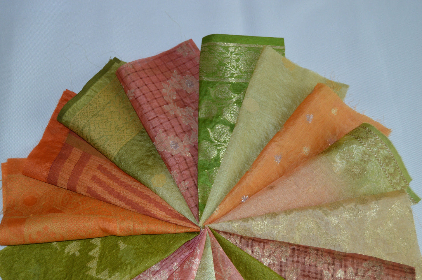 10 Inch x 16 Pieces Orange Green Upcycled Sari Silk Squares