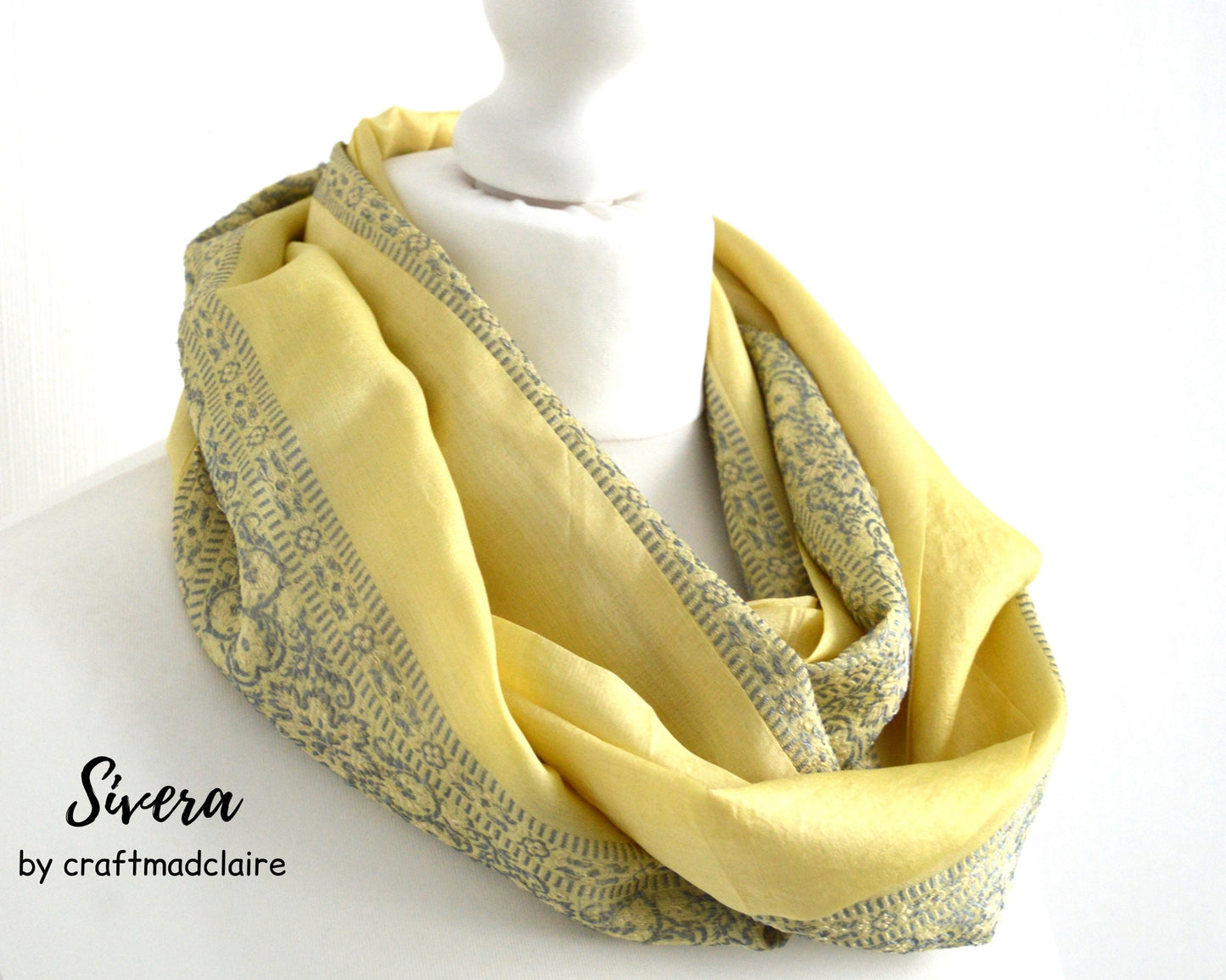 Pastel Yellow Grey Upcycled Vintage Sari Silk Scarf