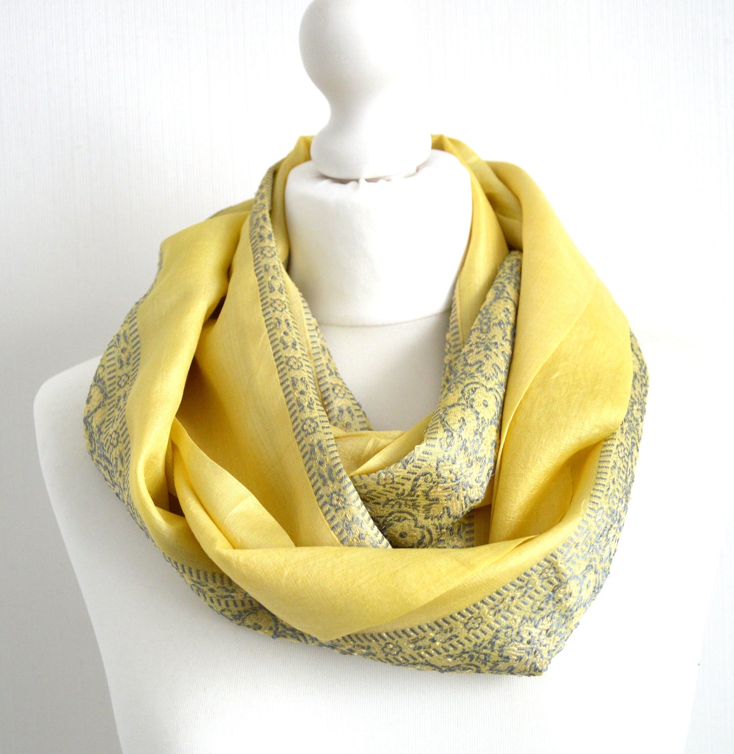 Pastel Yellow Grey Upcycled Vintage Sari Silk Scarf